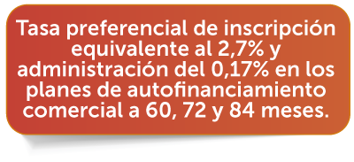 Tasa preferencial de inscripci�n equivalente al 2,7% y administraci�n del 0,17% en los planes de autofinanciamiento comercial a 60, 72 y 84 meses.